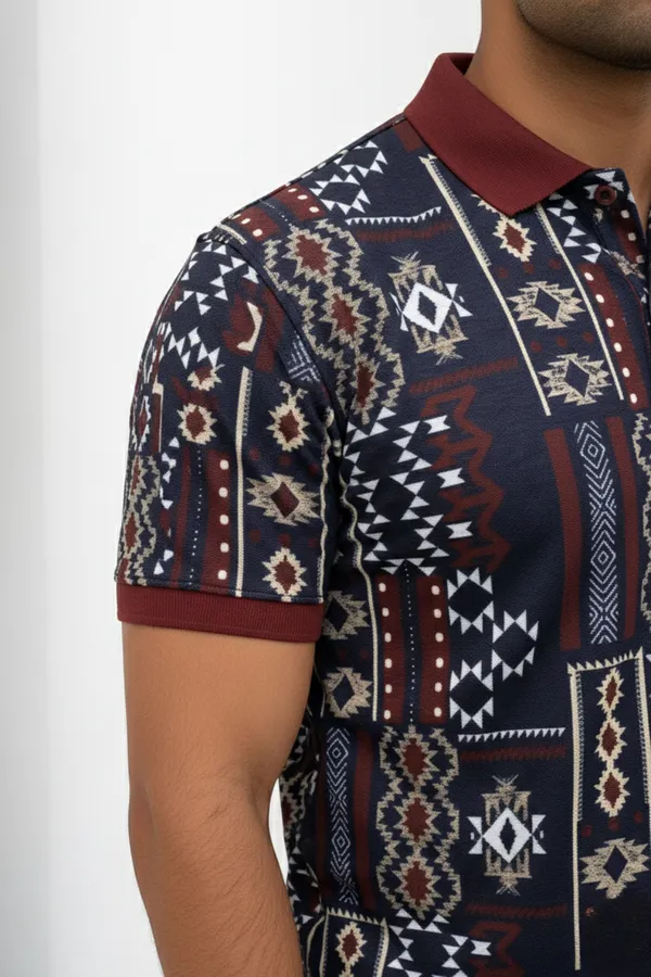 Premium Ethnic Tribal Print Polo T-Shirt for Men | Casual Half Sleeve Cotton Blend Polo