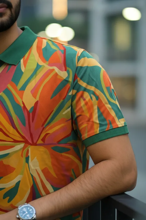 Premium Tropical Floral Print Polo T-Shirt for Men | Casual Half Sleeve Cotton Blend Polo