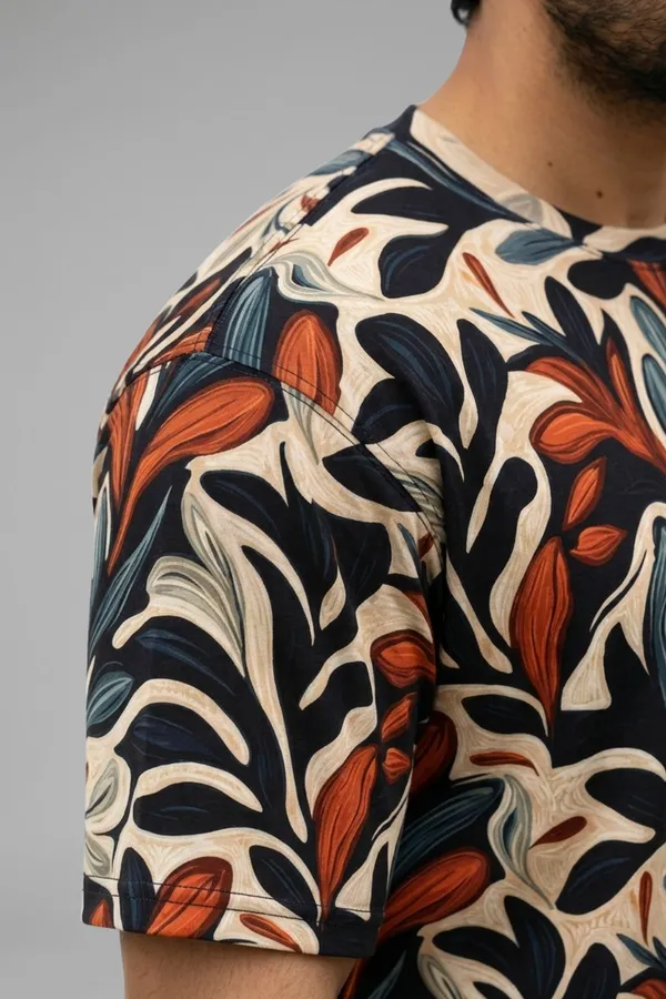 Premium Botanical Leaf Print T-Shirt for Men | Casual Round Neck Half Sleeve Cotton Blend Tee