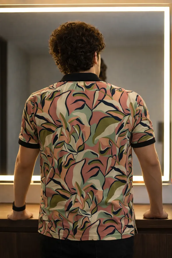 Premium Abstract Leaf Print Polo T-Shirt for Men | Casual Half Sleeve Cotton Blend Polo