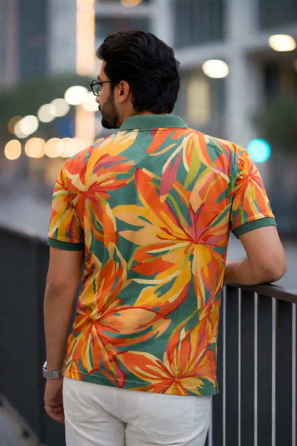 Premium Tropical Floral Print Polo T-Shirt for Men | Casual Half Sleeve Cotton Blend Polo