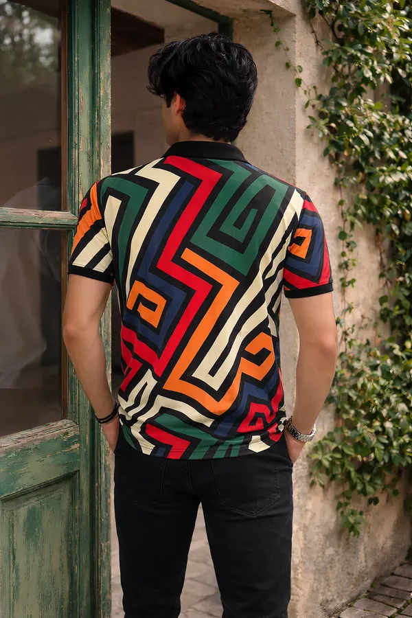 Premium Geometric Maze Print Polo T-Shirt for Men | Casual Half Sleeve Cotton Blend Polo