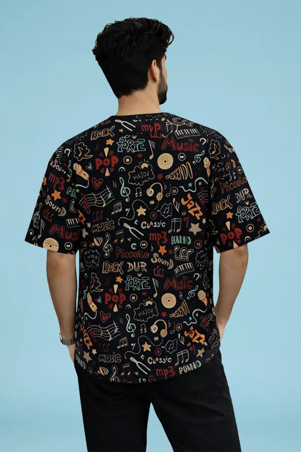 Premium Music Doodle Printed T-Shirt for Men | Casual Round Neck Half Sleeve Cotton Blend Tee