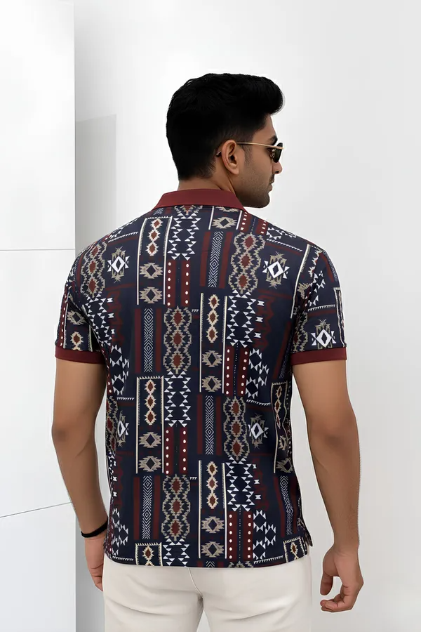 Premium Ethnic Tribal Print Polo T-Shirt for Men | Casual Half Sleeve Cotton Blend Polo