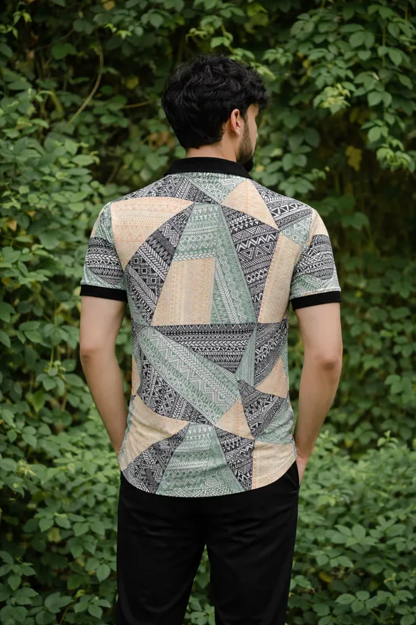 Premium Geometric Tribal Print Polo T-Shirt for Men | Casual Half Sleeve Cotton Blend Polo