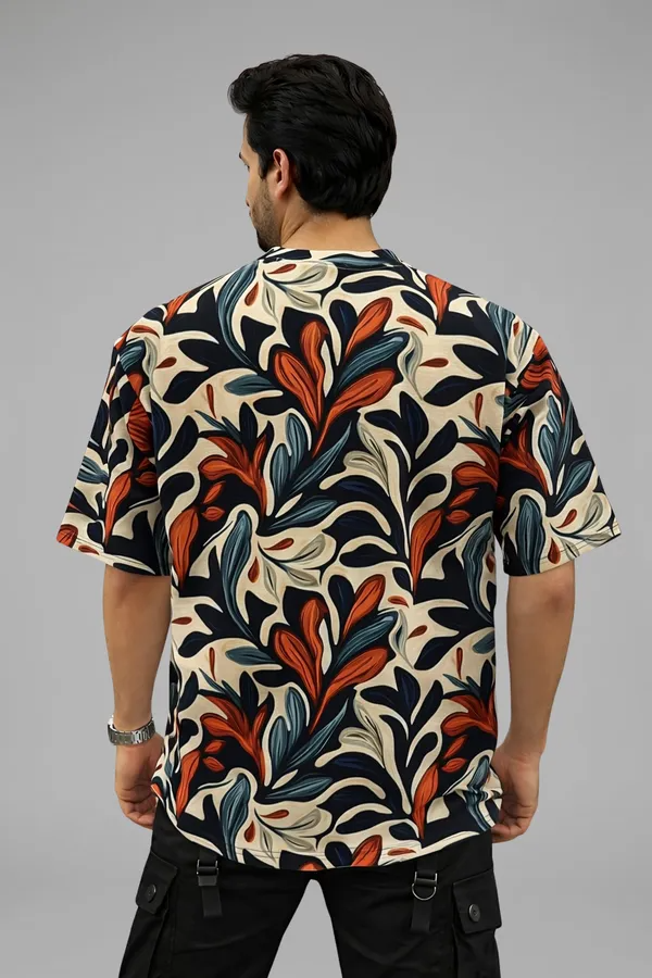 Premium Botanical Leaf Print T-Shirt for Men | Casual Round Neck Half Sleeve Cotton Blend Tee