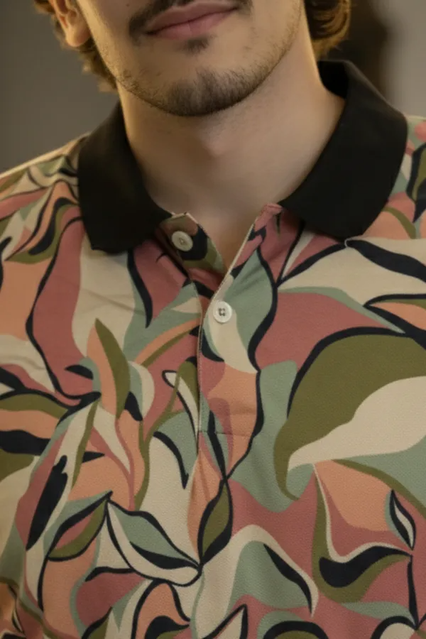Premium Abstract Leaf Print Polo T-Shirt for Men | Casual Half Sleeve Cotton Blend Polo