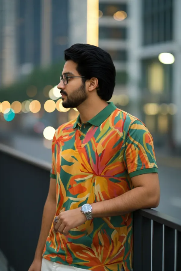 Premium Tropical Floral Print Polo T-Shirt for Men | Casual Half Sleeve Cotton Blend Polo