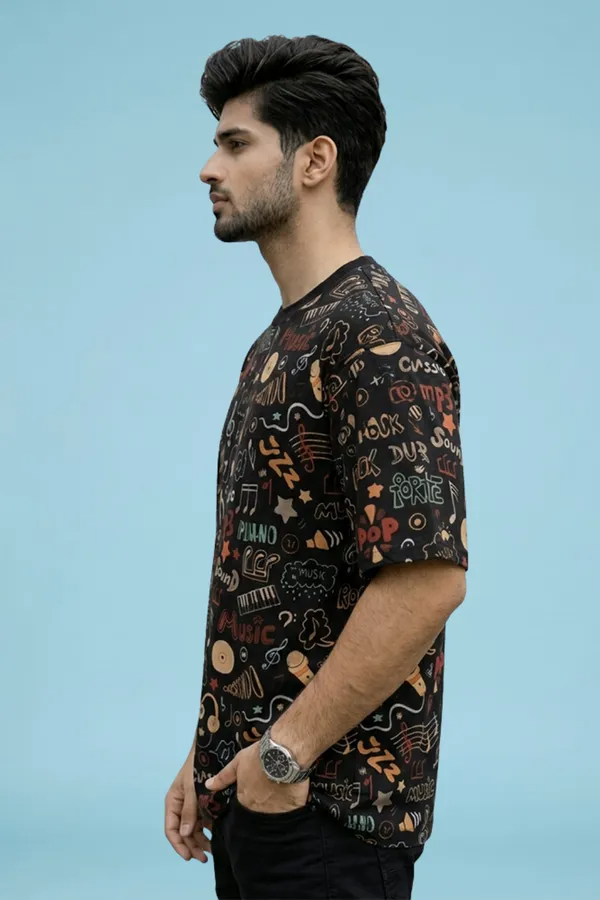 Premium Music Doodle Printed T-Shirt for Men | Casual Round Neck Half Sleeve Cotton Blend Tee
