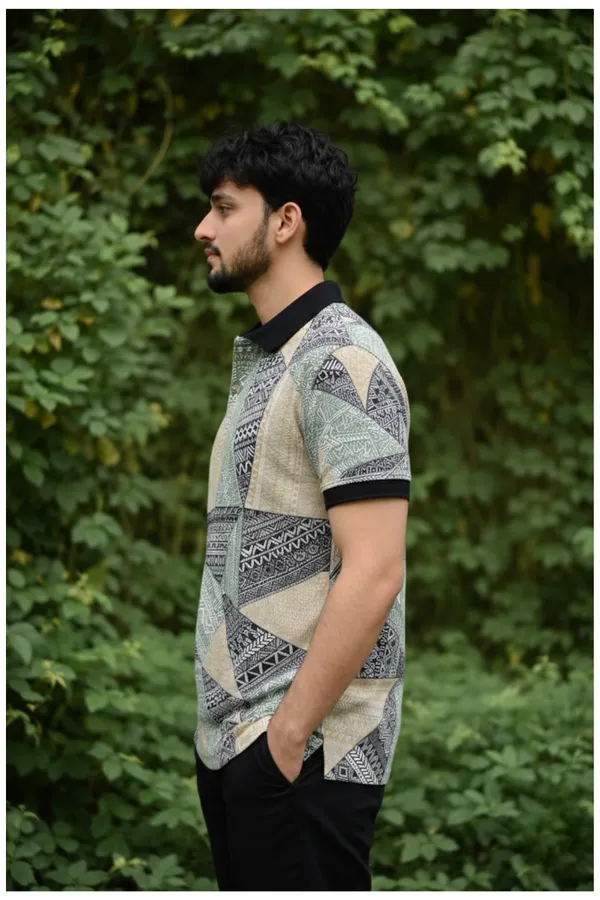 Premium Geometric Tribal Print Polo T-Shirt for Men | Casual Half Sleeve Cotton Blend Polo