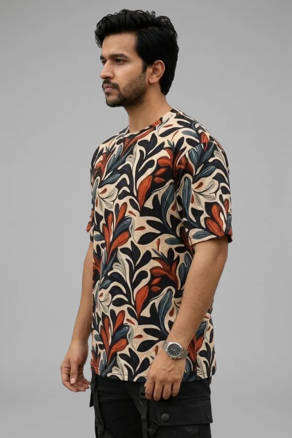 Premium Botanical Leaf Print T-Shirt for Men | Casual Round Neck Half Sleeve Cotton Blend Tee