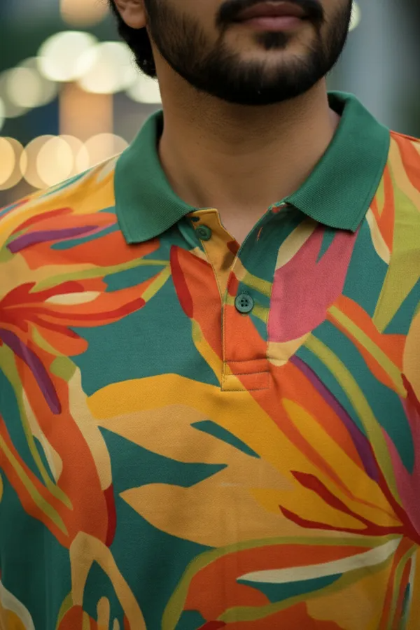 Premium Tropical Floral Print Polo T-Shirt for Men | Casual Half Sleeve Cotton Blend Polo