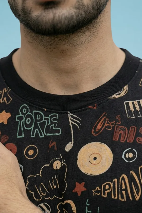 Premium Music Doodle Printed T-Shirt for Men | Casual Round Neck Half Sleeve Cotton Blend Tee