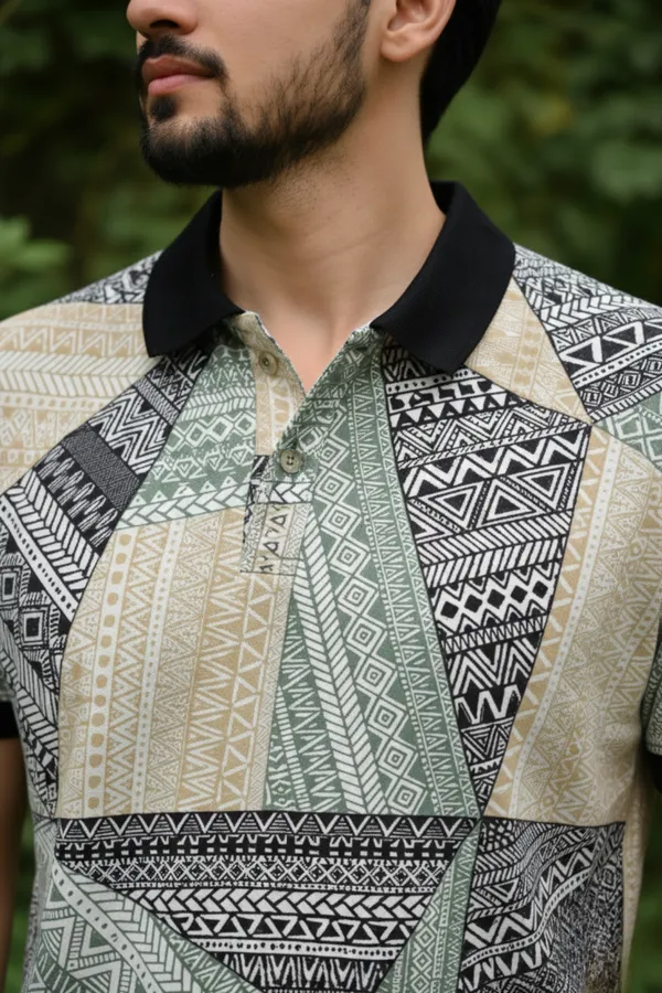 Premium Geometric Tribal Print Polo T-Shirt for Men | Casual Half Sleeve Cotton Blend Polo