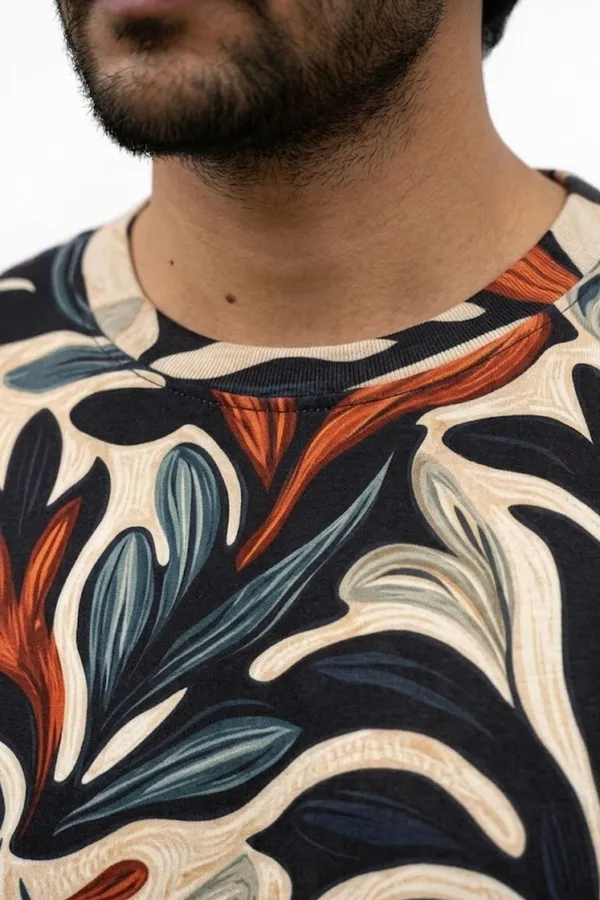 Premium Botanical Leaf Print T-Shirt for Men | Casual Round Neck Half Sleeve Cotton Blend Tee