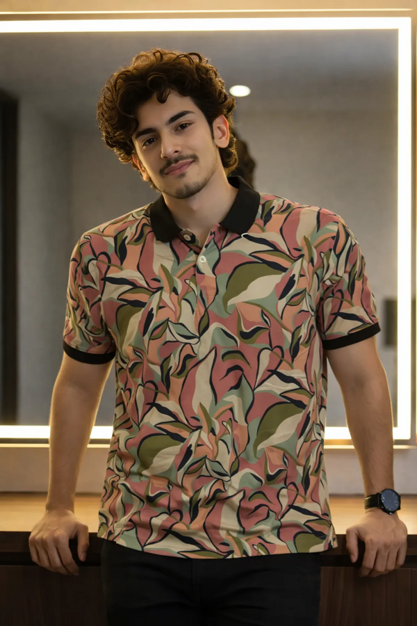Premium Abstract Leaf Print Polo T-Shirt for Men | Casual Half Sleeve Cotton Blend Polo