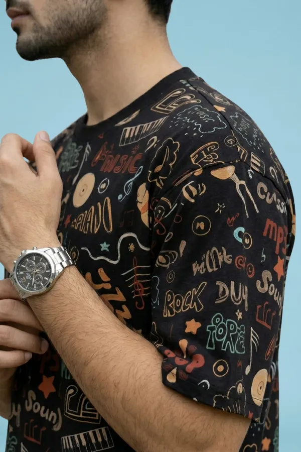 Premium Music Doodle Printed T-Shirt for Men | Casual Round Neck Half Sleeve Cotton Blend Tee