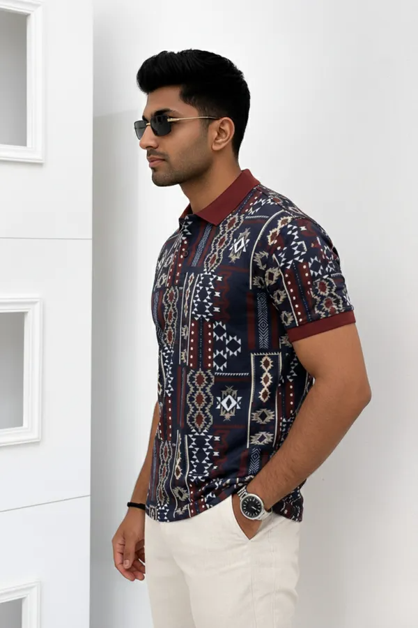 Premium Ethnic Tribal Print Polo T-Shirt for Men | Casual Half Sleeve Cotton Blend Polo