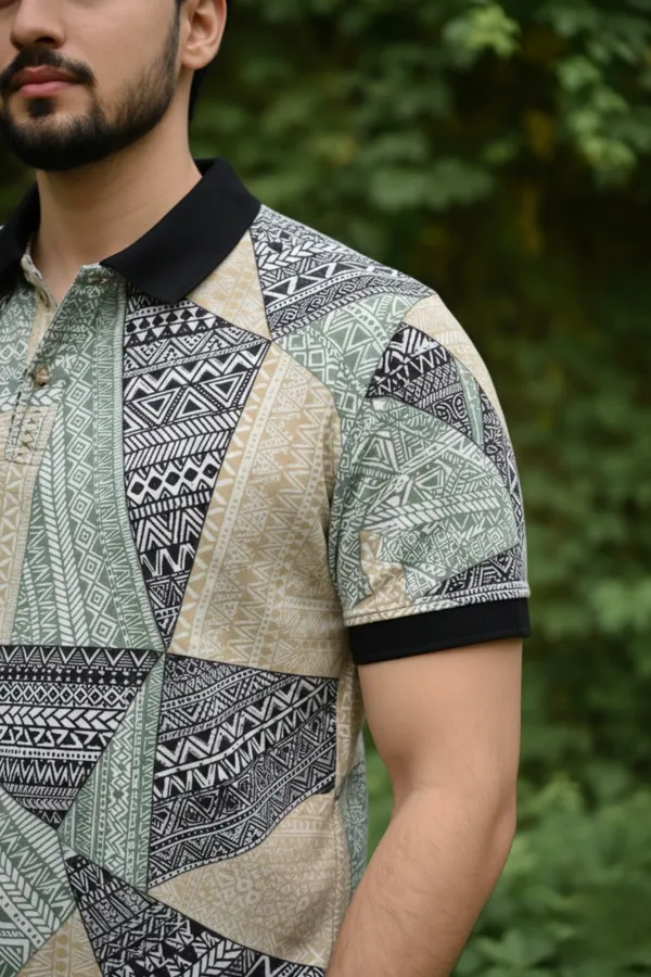 Premium Geometric Tribal Print Polo T-Shirt for Men | Casual Half Sleeve Cotton Blend Polo