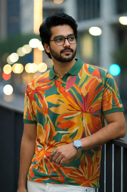 Premium Tropical Floral Print Polo T-Shirt for Men | Casual Half Sleeve Cotton Blend Polo