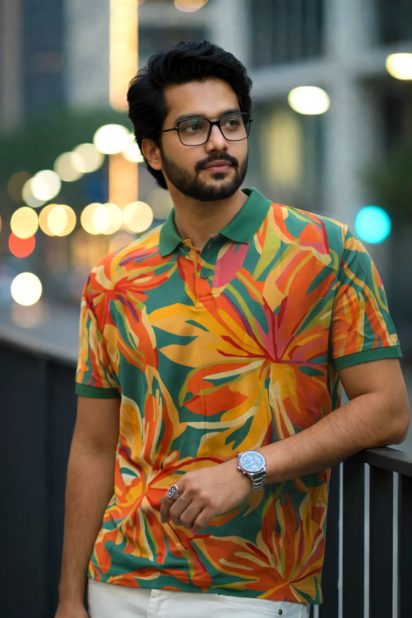 Premium Tropical Floral Print Polo T-Shirt for Men | Casual Half Sleeve Cotton Blend Polo