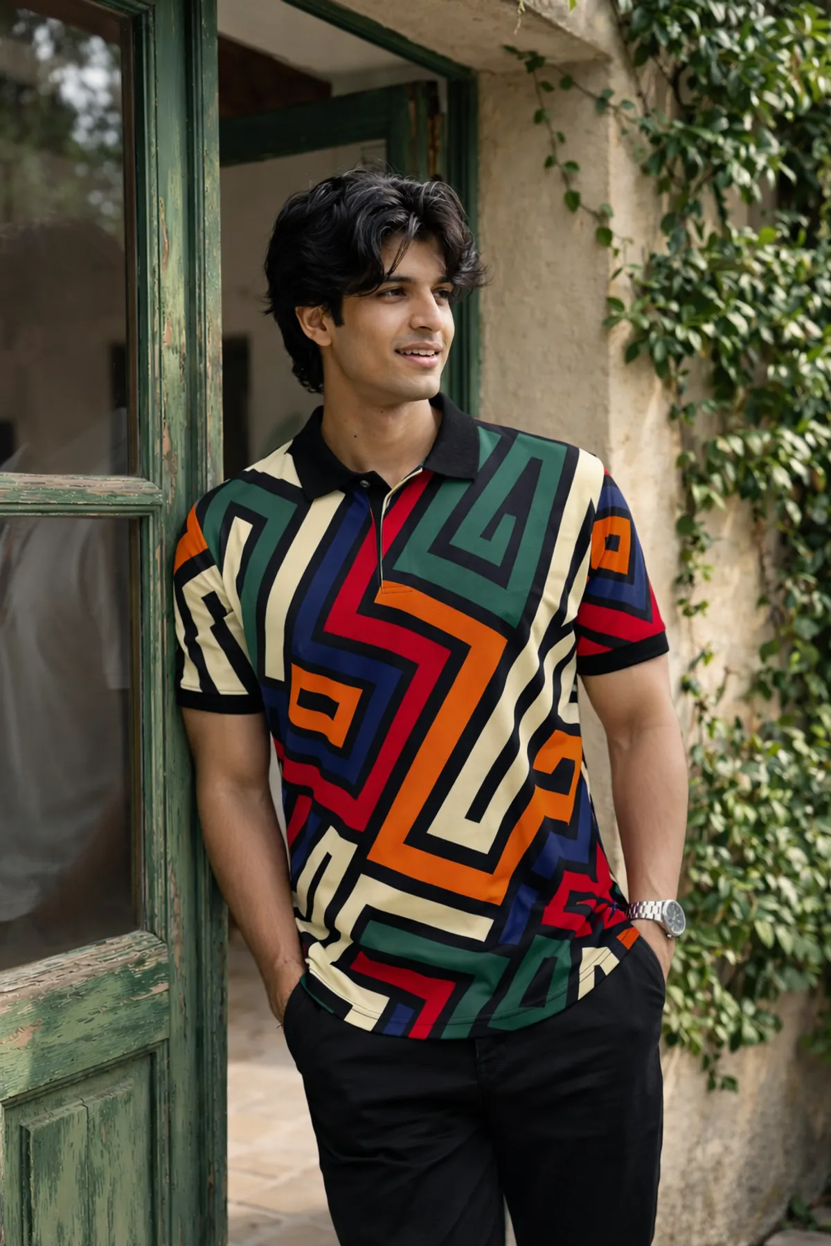 Premium Geometric Maze Print Polo T-Shirt for Men | Casual Half Sleeve Cotton Blend Polo
