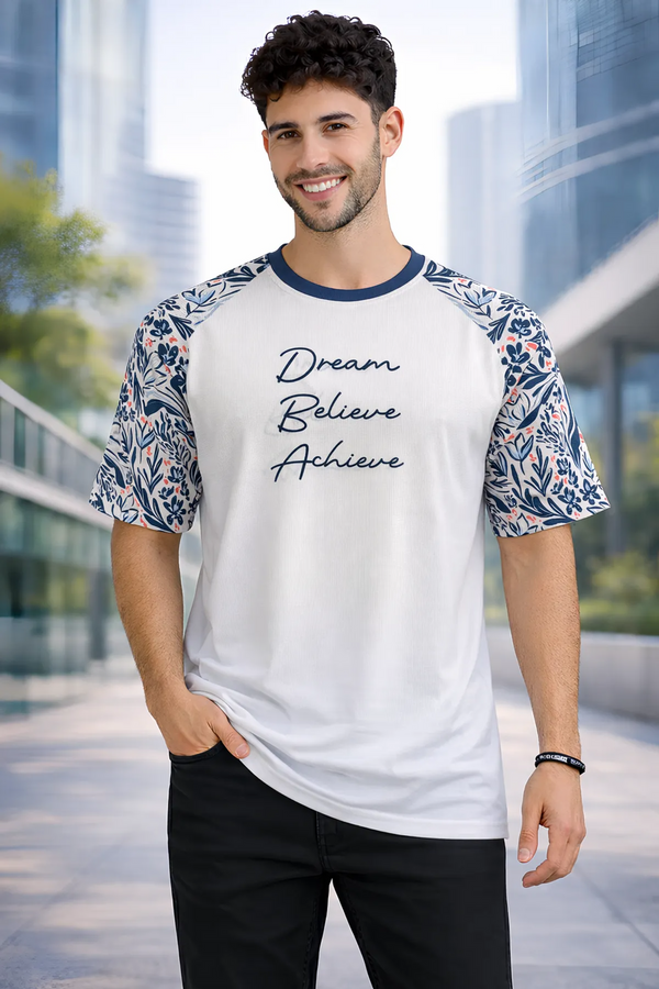 Premium Floral Sleeve Printed T-Shirt for Men | Dream Believe Achieve Casual Half Sleeve Tee