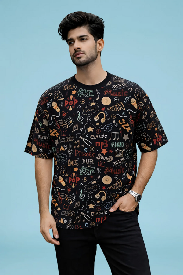 Premium Music Doodle Printed T-Shirt for Men | Casual Round Neck Half Sleeve Cotton Blend Tee