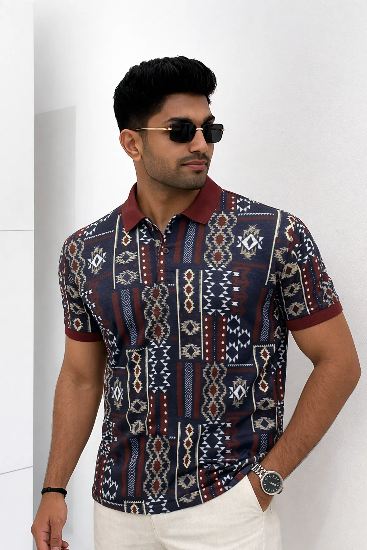 Premium Ethnic Tribal Print Polo T-Shirt for Men | Casual Half Sleeve Cotton Blend Polo