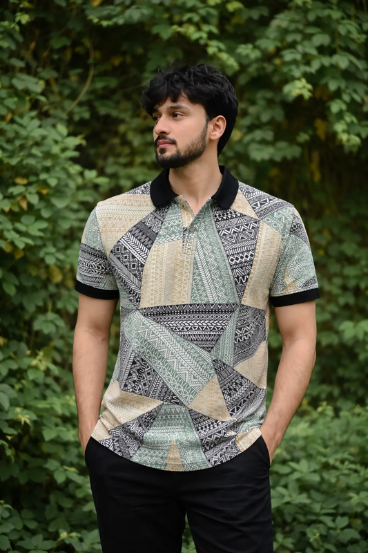 Premium Geometric Tribal Print Polo T-Shirt for Men | Casual Half Sleeve Cotton Blend Polo