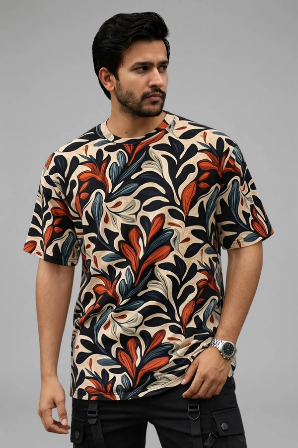 Premium Botanical Leaf Print T-Shirt for Men | Casual Round Neck Half Sleeve Cotton Blend Tee